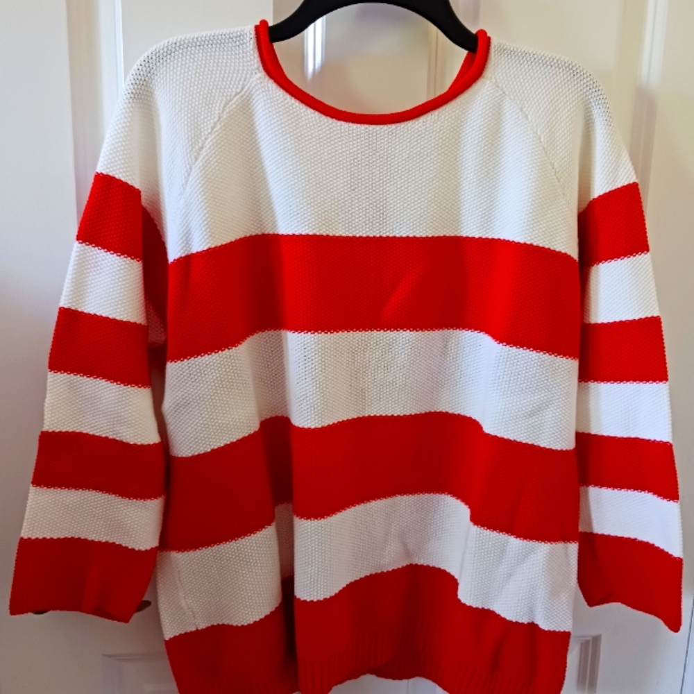 Orange And White Striped Sweater With ¾ Sleeves